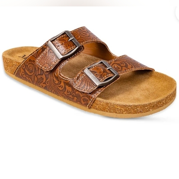 Myra Shoes Western Hand-Tooled Sandals Footo Cork Flats Open Leather Straps NEW - Picture 3 of 7